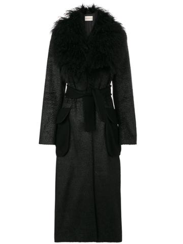 Emporio Armani Vintage Lamb Collar Belted Coat - Black