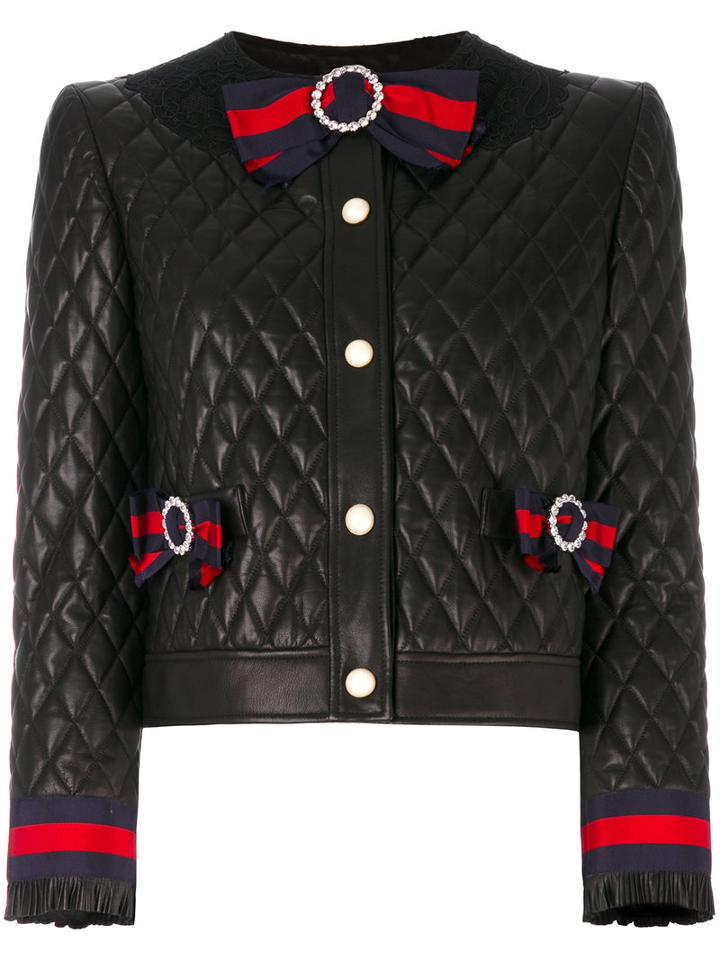 Gucci - Quilted Jacket With Web Bows - Women - Silk/cotton/calf Leather/viscose - 42, Black, Silk/cotton/calf Leather/viscose