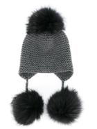 Inverni Fox Fur Triple Pom Pom Beanie Hat - Grey