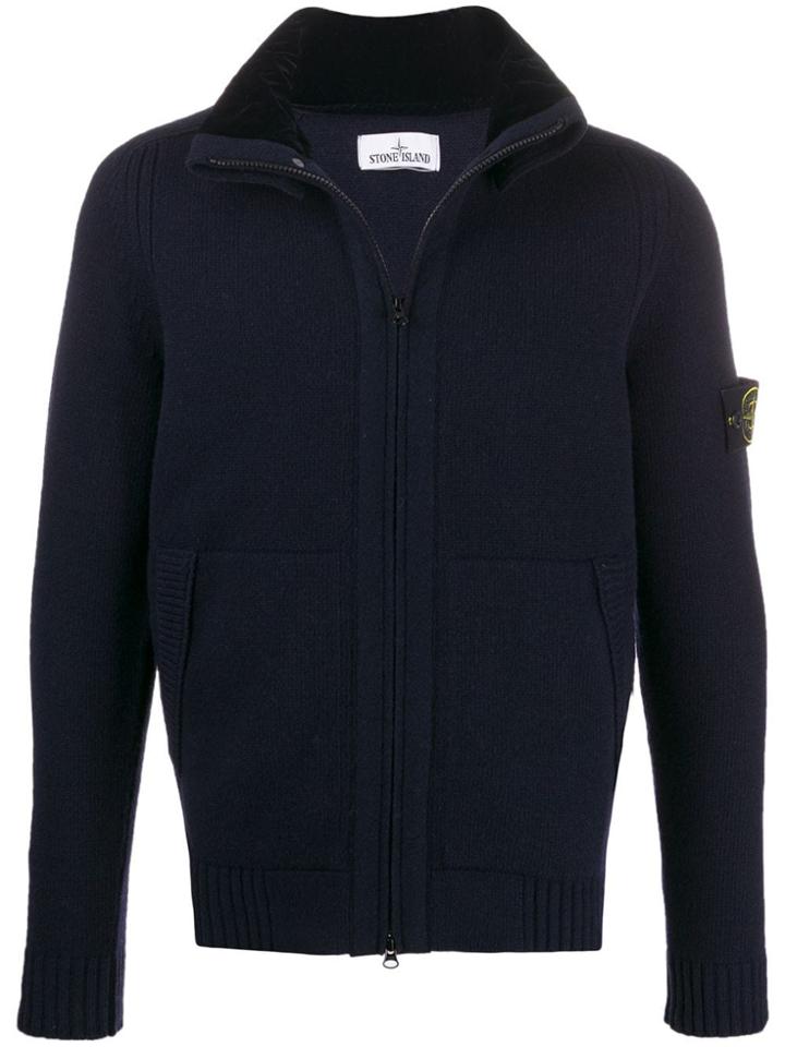 Stone Island Logo Patch Zip-up Cardigan - Black