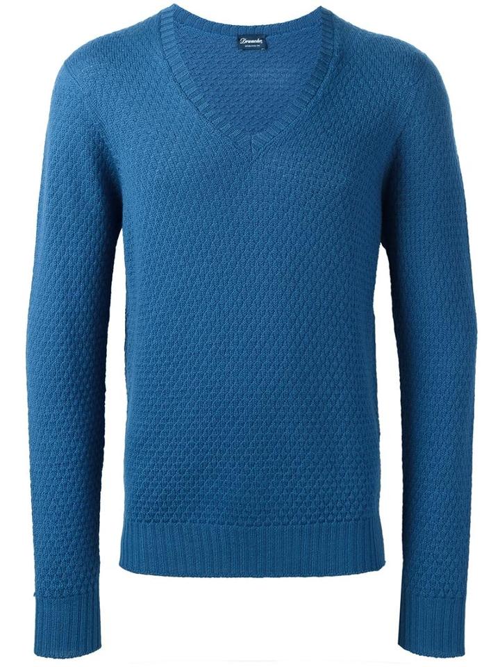 Drumohr V-neck Jumper, Men's, Size: 48, Blue, Merino