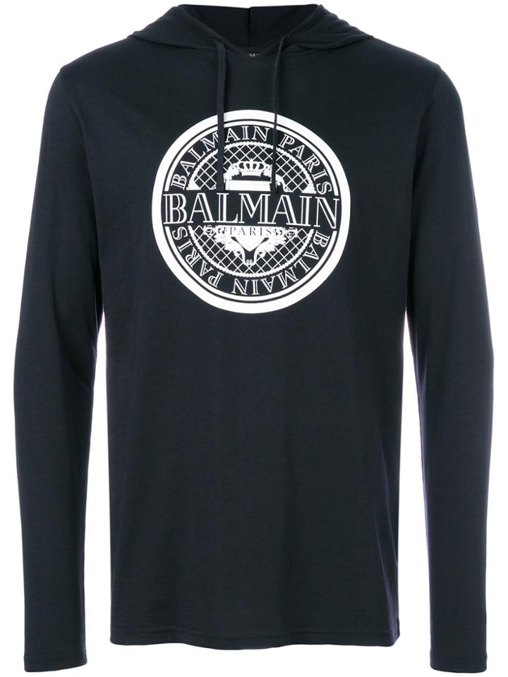 Balmain Drawstring Logo Hoodie - Blue