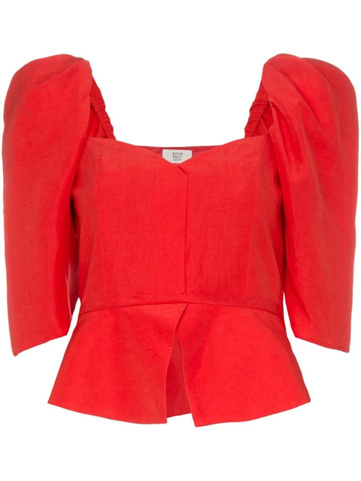 Maryam Nassir Zadeh Puff Sleeve Silk And Linen Blend Blouse - Red