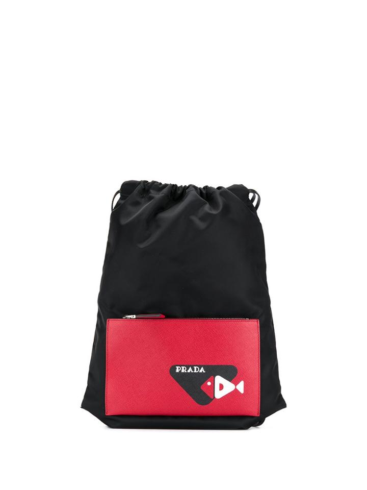 Prada Logo Print Drawstring Backpack - Black