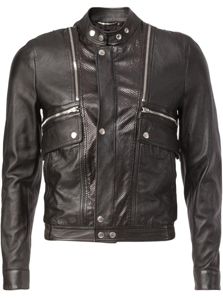 Saint Laurent Classic Leather Jacket, Size: 50, Black, Cotton/lamb Skin/python Skin/cupro