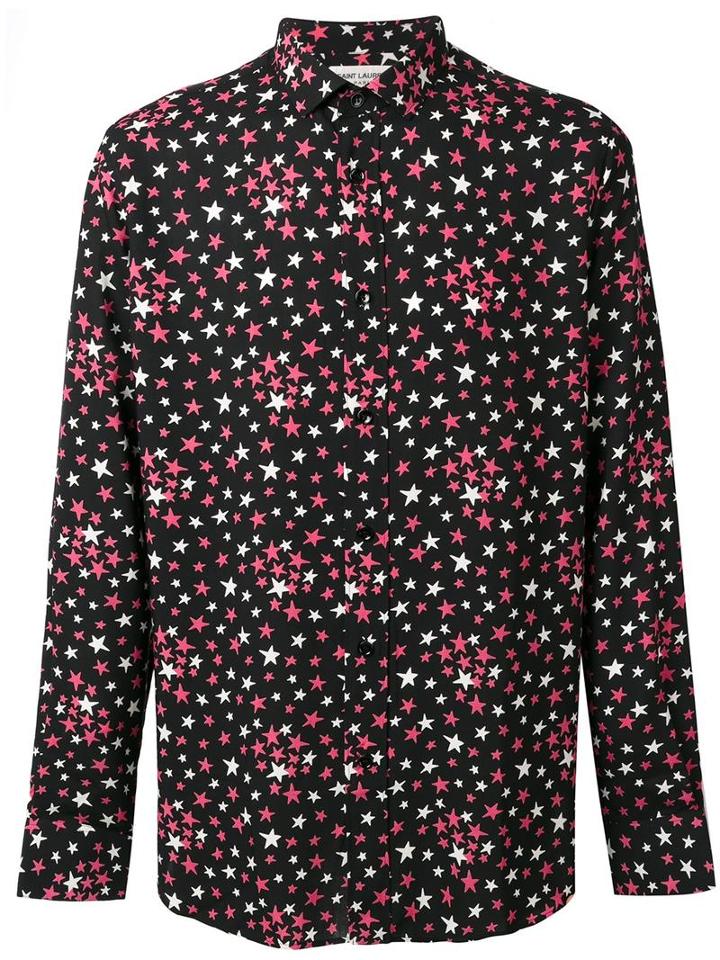 Saint Laurent Signature Yves Collar Printed Shirt, Men's, Size: 39, Black, Viscose