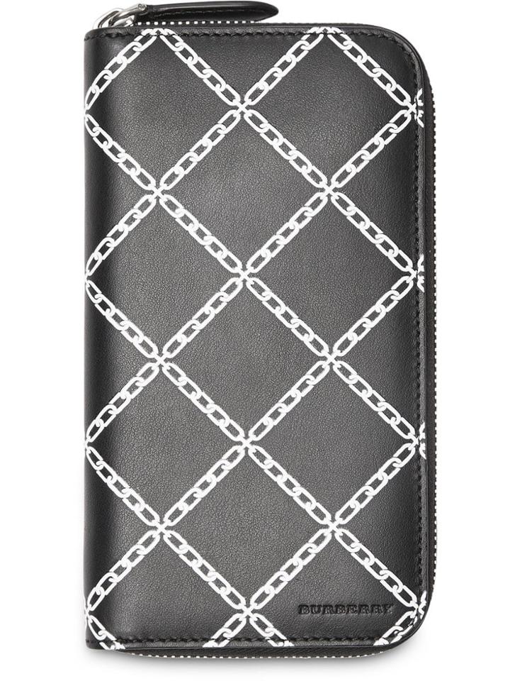 Burberry Link Print Leather Ziparound Wallet - Black