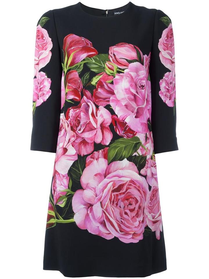 Dolce & Gabbana Rose Print Crepe Dress, Women's, Size: 40, Black, Viscose/silk/spandex/elastane