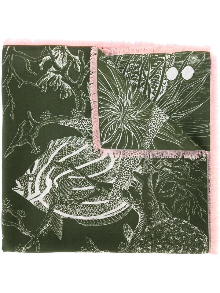 Odeeh Sealife Print Scarf, Women's, Green, Silk