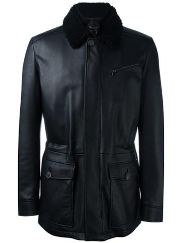 Salvatore Ferragamo Shearling Collar Leather Jacket, Men's, Size: 52, Black, Cupro/sheep Skin/shearling
