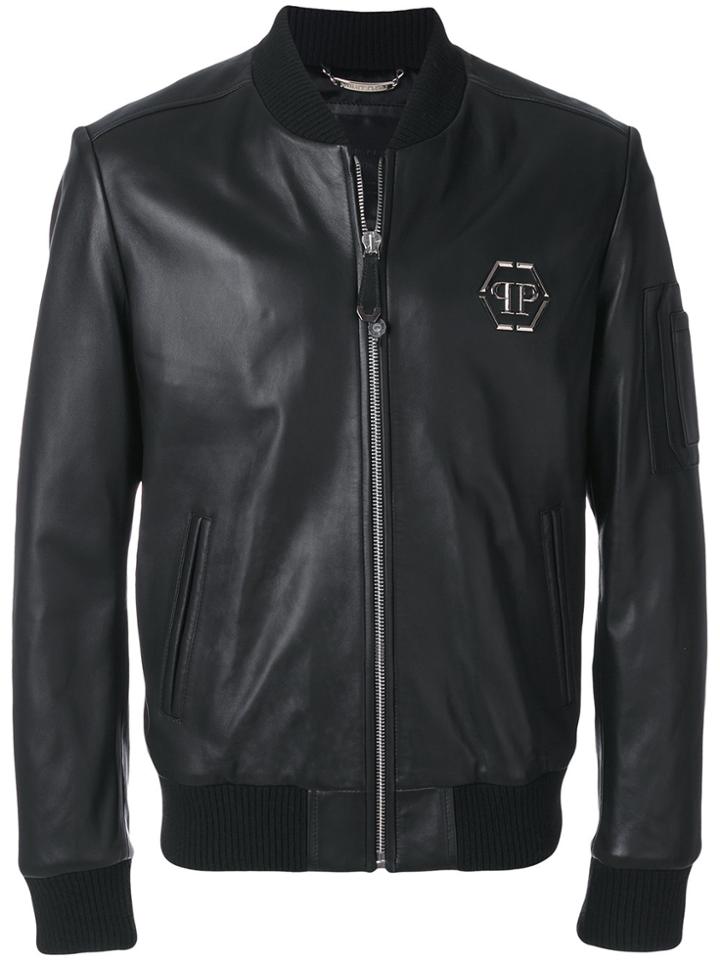 Philipp Plein Leather Bomber Jacket - Black
