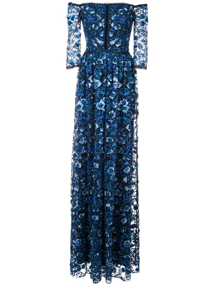 Marchesa Notte Off-the-shoulder Floral-print Gown - Blue