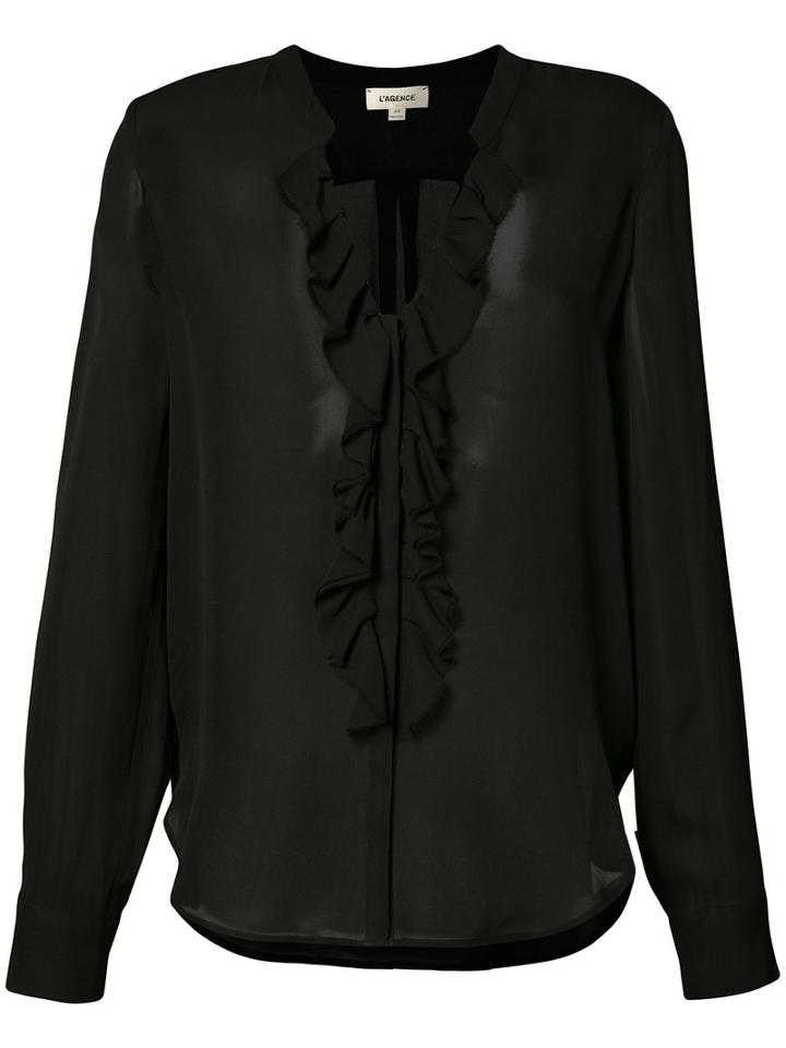 L'agence - Sheer Ruffle Front Blouse - Women - Silk - Xs, Black, Silk