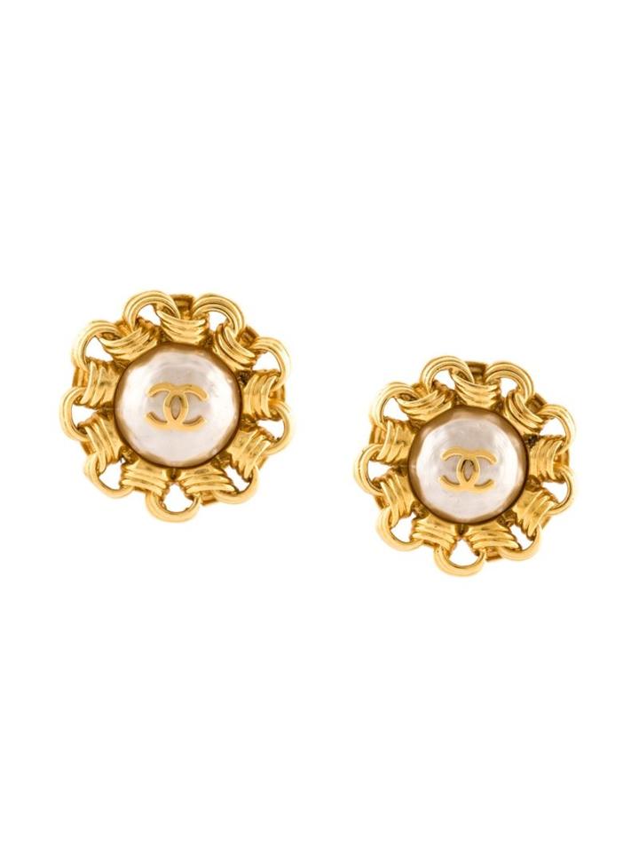 Chanel Vintage Faux Pearl Chainlink Border Earrings