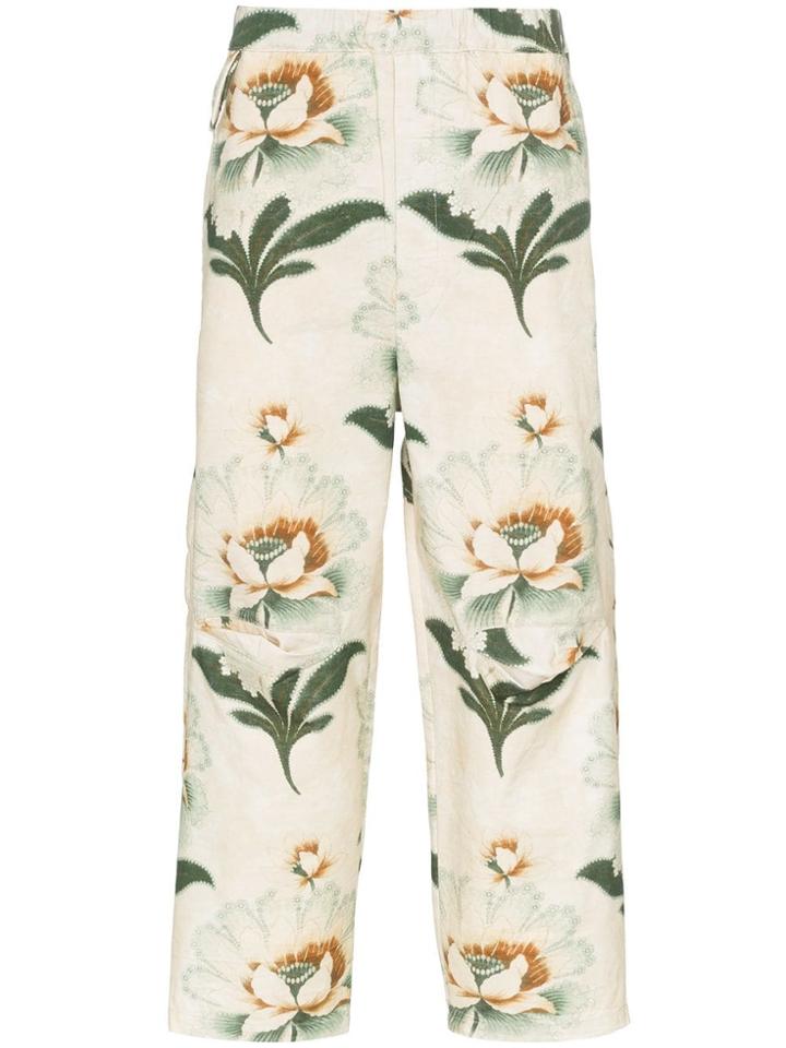 By Walid Lotus Flower Print Cropped Trousers - Neutrals