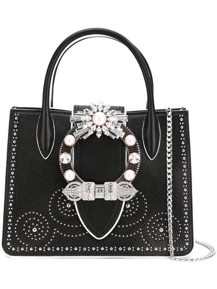 Miu Miu Studded Embellished Mini Tote, Women's, Black, Calf Leather/goat Skin/metal (other)/glass