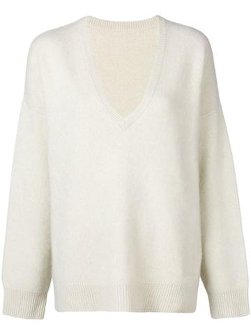Frenckenberger Knit Oversized V Neck Sweater - White