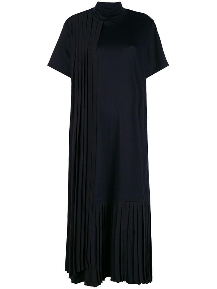 Jil Sander Navy Half Sleeve Pleated Midi Dress - Blue