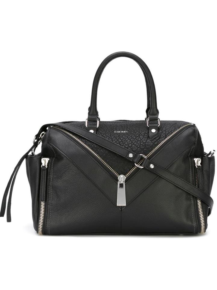 Diesel Front Zip Shoulder Bag, Women's, Black, Leather/cotton