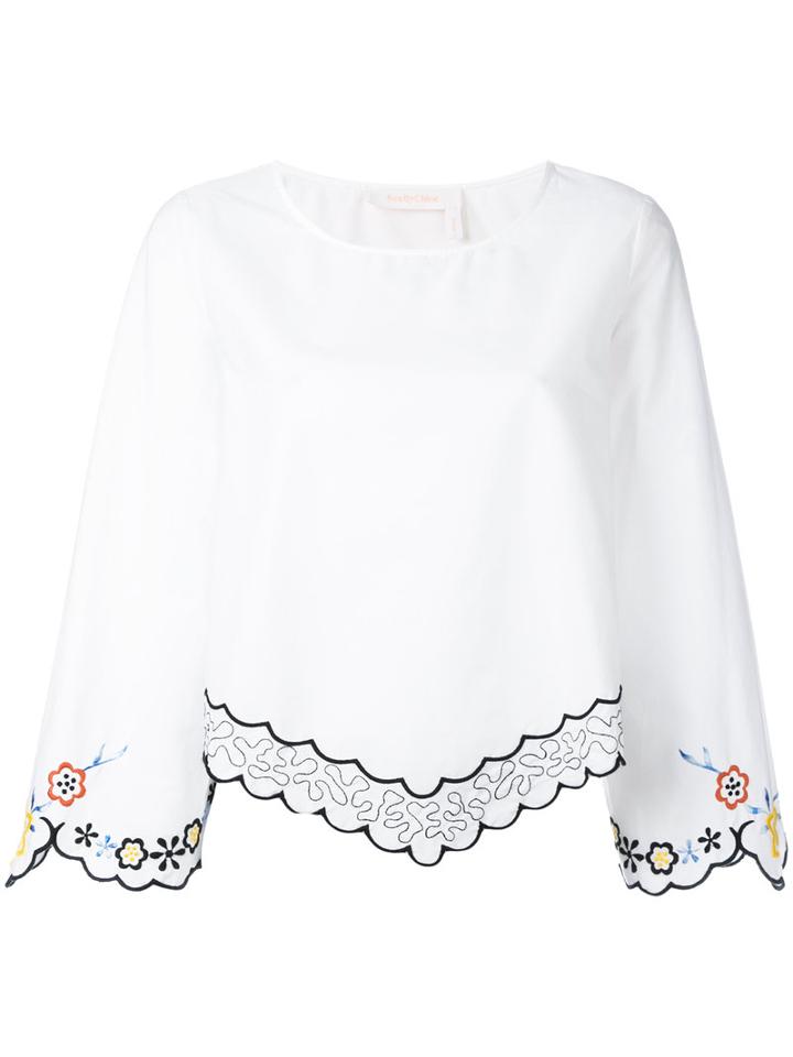 See By Chloé Floral Trim Blouse, Women's, Size: 38, White, Cotton/polyester