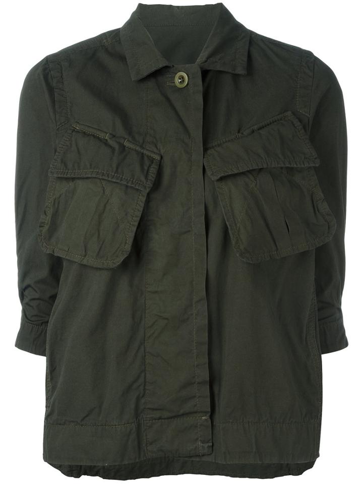 Sacai Crinkled Effect Military Jacket, Women's, Size: 1, Green, Cotton
