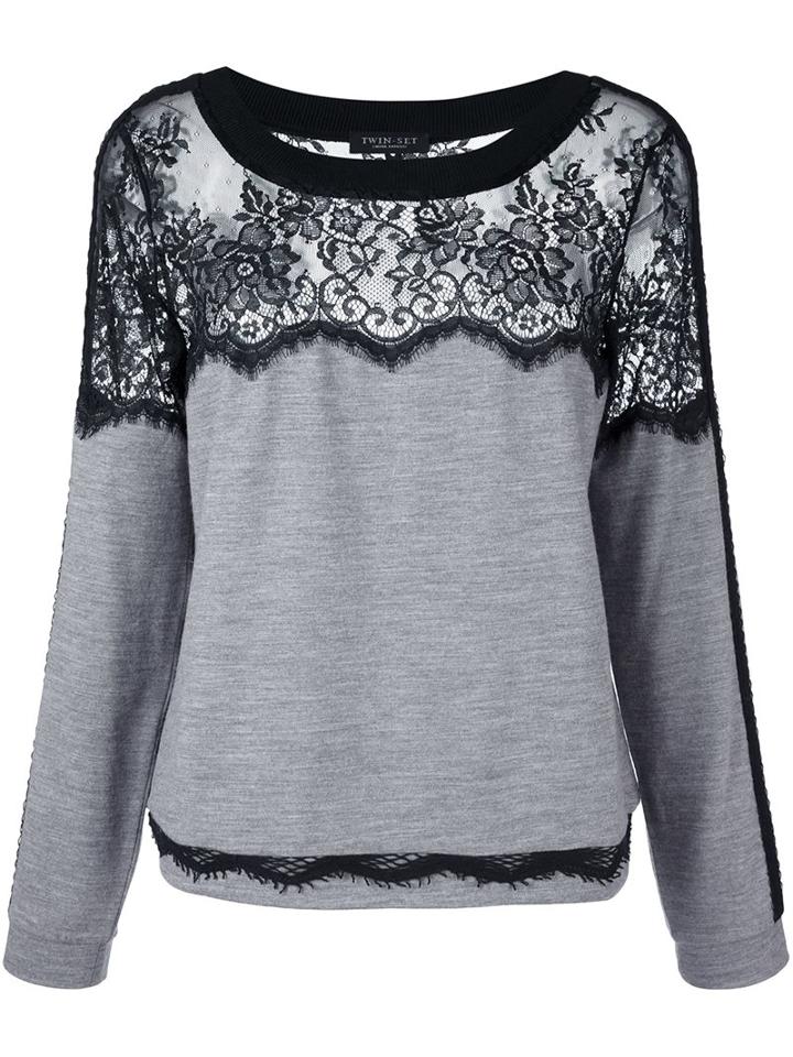 Twin-set Lace Panel Sweater, Women's, Size: Small, Grey, Cotton/polyamide/wool
