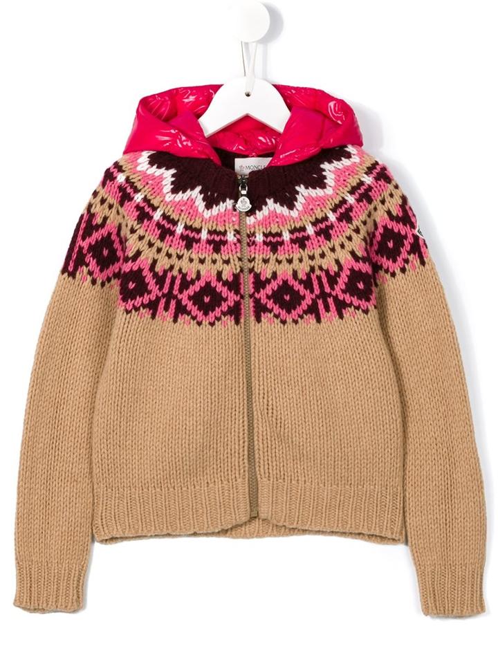 Moncler Kids Fair Isle Knitted Hoodie, Girl's, Size: 10 Yrs, Nude/neutrals