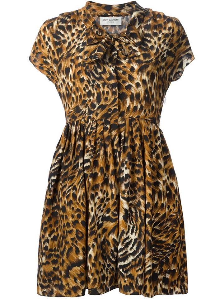 Saint Laurent Tiger Print Pleated Skirt Dress, Women's, Size: 40, Brown, Silk
