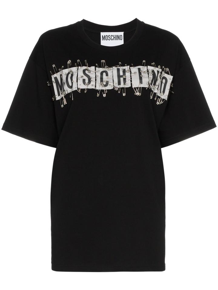 Moschino Logo Safety Pin Applique Cotton T Shirt - Black