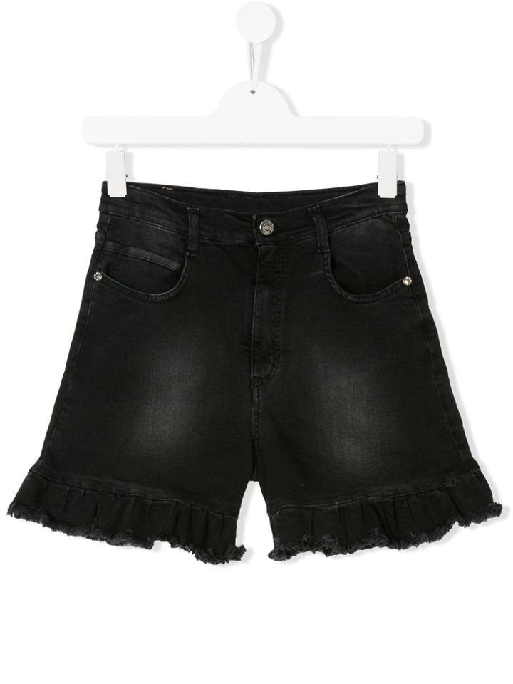 Douuod Kids Teen Ruffle Trim Denim Shorts - Black