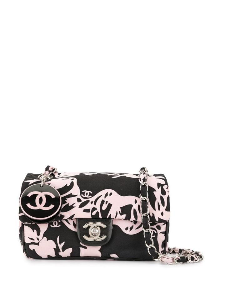 Chanel Pre-owned Flower Print Chain Shoulder Bag - Black