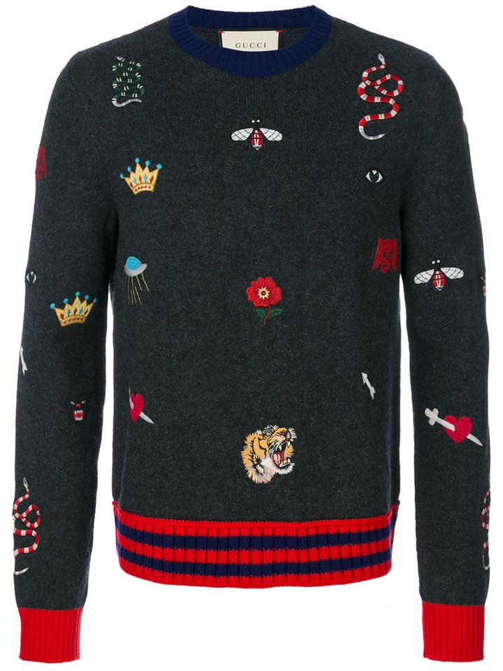 Gucci - Embroidered Knitted Jumper - Men - Polyester/wool - Xl, Grey, Polyester/wool