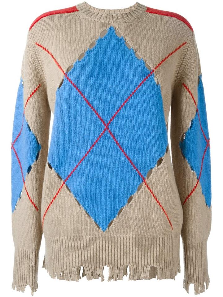 Msgm 'distressed Argyle' Sweater, Women's, Size: Medium, Nude/neutrals, Polyamide/wool