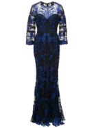Marchesa Notte Embroidered Crocheted Lace Gown - Blue