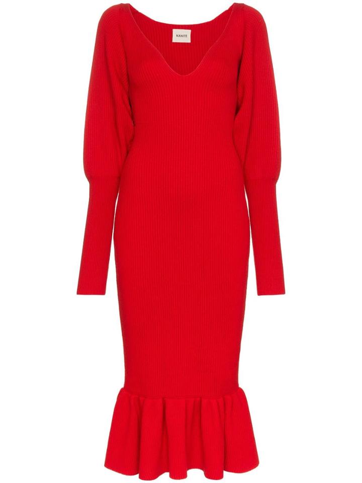 Khaite Ina V-neck Ribbed Merino Dress - Red