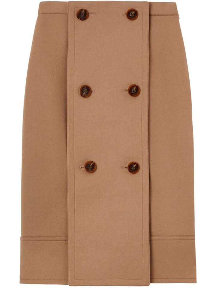 Burberry Button Panel Detail Wool Cashmere A-line Skirt - Brown