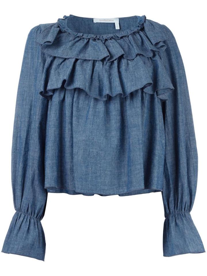 See By Chloé Tiered Ruffled Blouse, Women's, Size: 40, Blue, Linen/flax/cotton/tencel