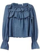 See By Chloé Tiered Ruffled Blouse, Women's, Size: 40, Blue, Linen/flax/cotton/tencel