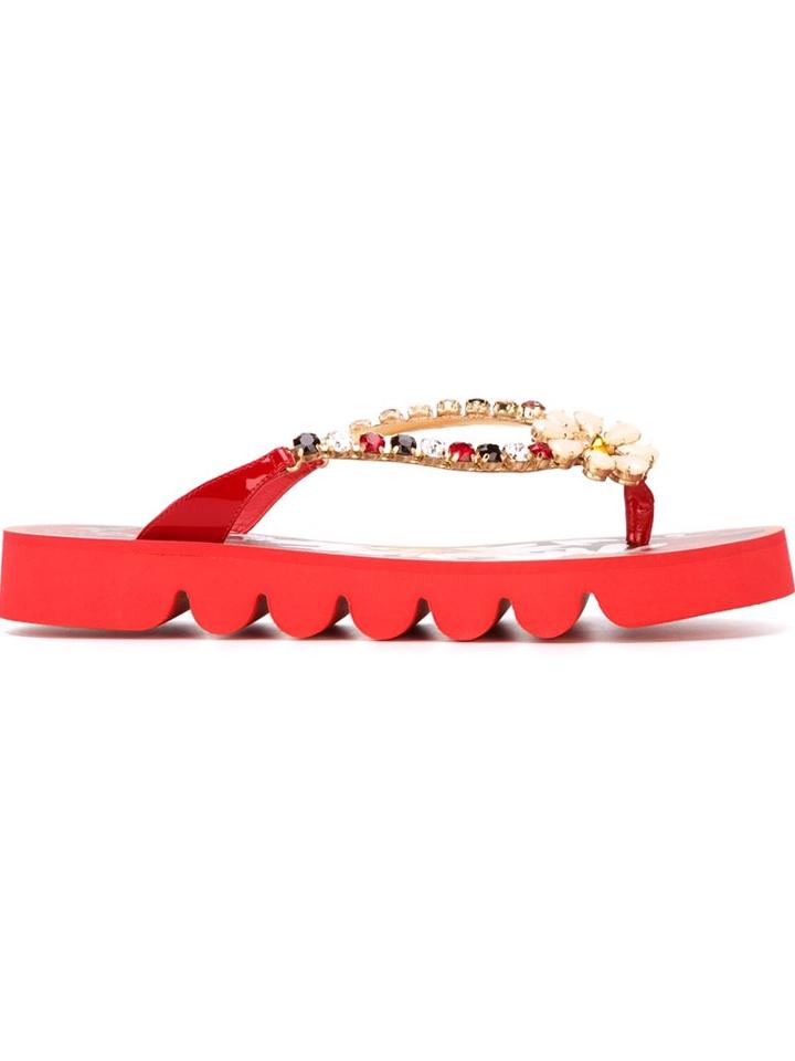 Dolce & Gabbana Embellished Daisy Flip Flops, Women's, Size: 37, Red, Brass/rubber/calf Leather