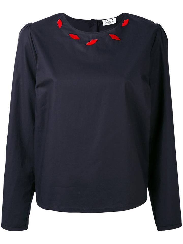 Sonia By Sonia Rykiel - Embroidered Lips Blouse - Women - Cotton - 40, Black, Cotton