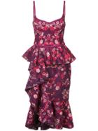 Marchesa Notte Ruffle Floral Midi Dress - Pink & Purple