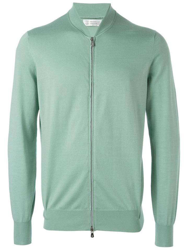 Brunello Cucinelli Bomber Style Zip Cardigan, Men's, Size: 50, Green, Cotton