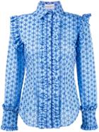 Daizy Shely Ruffled Trim Printed Shirt, Women's, Size: 40, Blue, Cotton