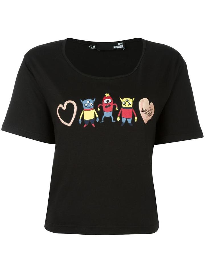 Love Moschino Monsters Print Cropped T-shirt, Women's, Size: 42, Black, Cotton