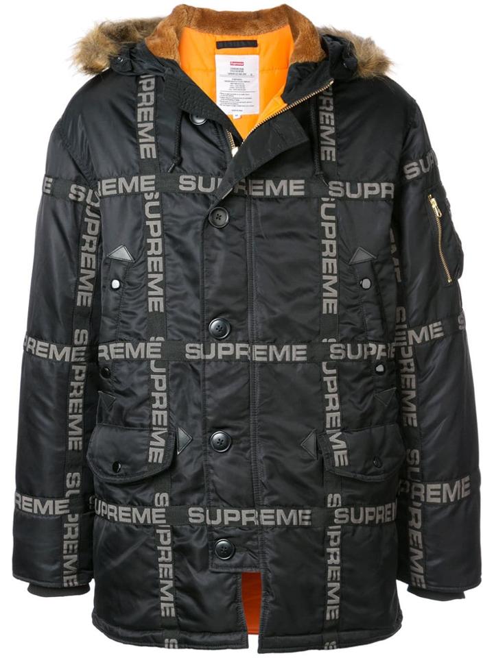 Supreme Logo Tape Parka Coat - Black