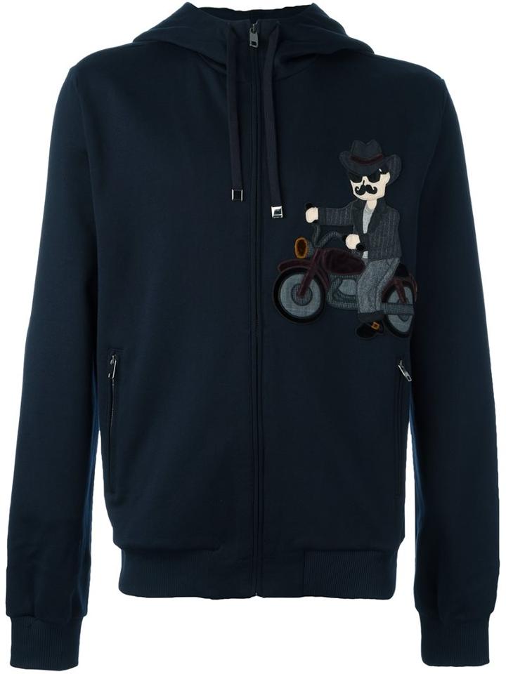 Dolce & Gabbana Cowboy Patch Zipped Hoodie, Men's, Size: 44, Blue, Cotton/calf Leather