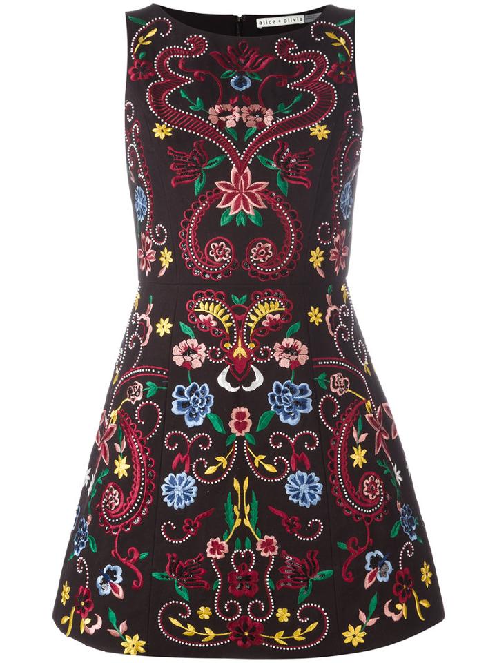 Alice+olivia Lindsey Embroidered Structured Dress, Women's, Size: 2, Black, Cotton/polyester/spandex/elastane/viscose