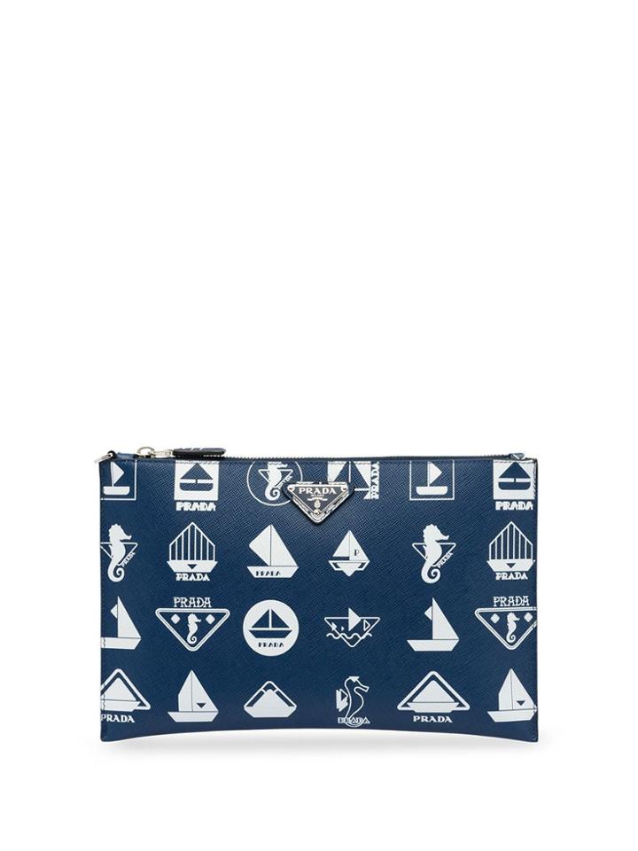 Prada Printed Saffiano Leather Pouch - Blue