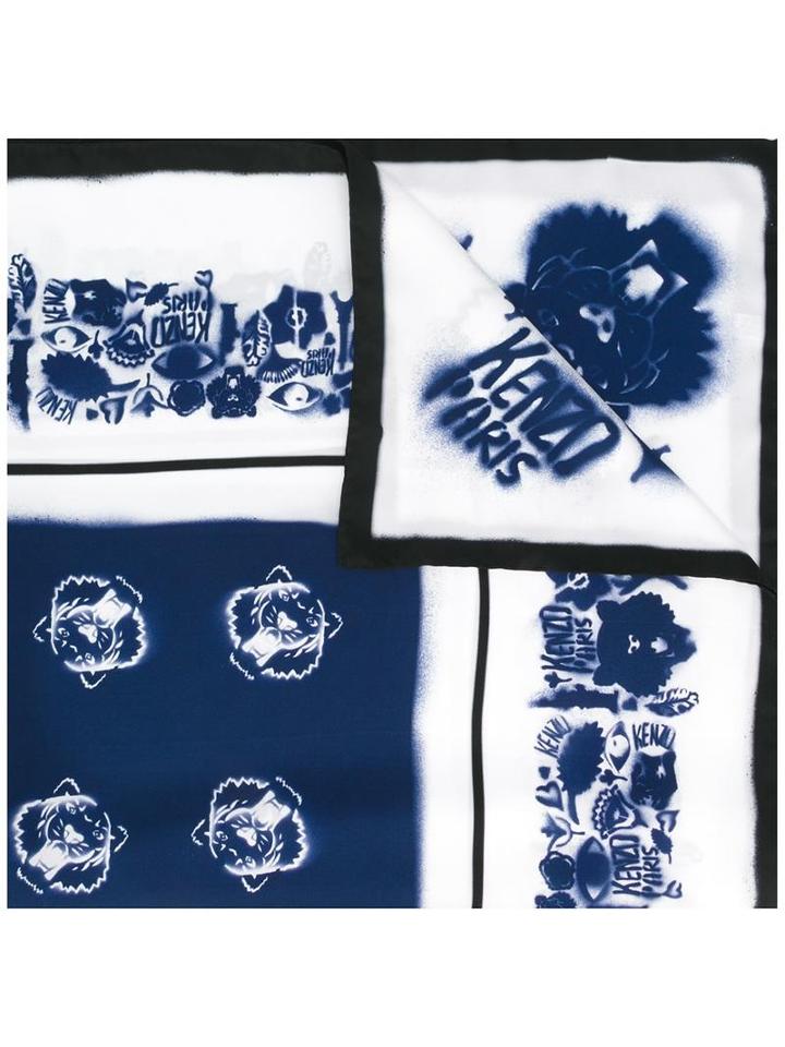 Kenzo Spray Paint Effect Mutli Logo Scarf, Women's, White, Silk