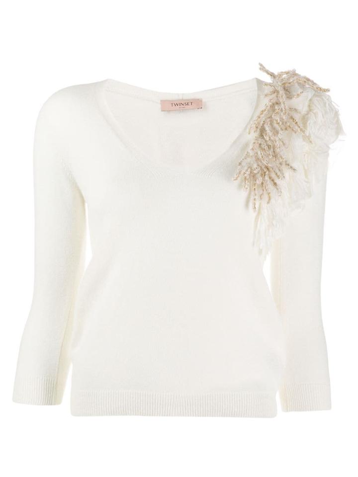 Twin-set Fringe Detail V-neck Jumper - White
